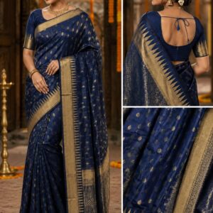 Woman wearing Blue Mangalagiri Temple Border Laksha Buti Pattu Saree with traditional South Indian silk weaving.