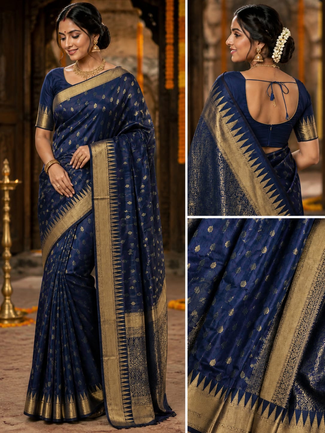 Woman wearing Blue Mangalagiri Temple Border Laksha Buti Pattu Saree with traditional South Indian silk weaving.