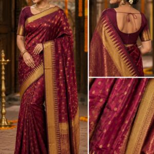 Beautiful woman wearing Maroon Mangalagiri Temple Border Laksha Buti Pattu Saree with traditional South Indian silk weaving.