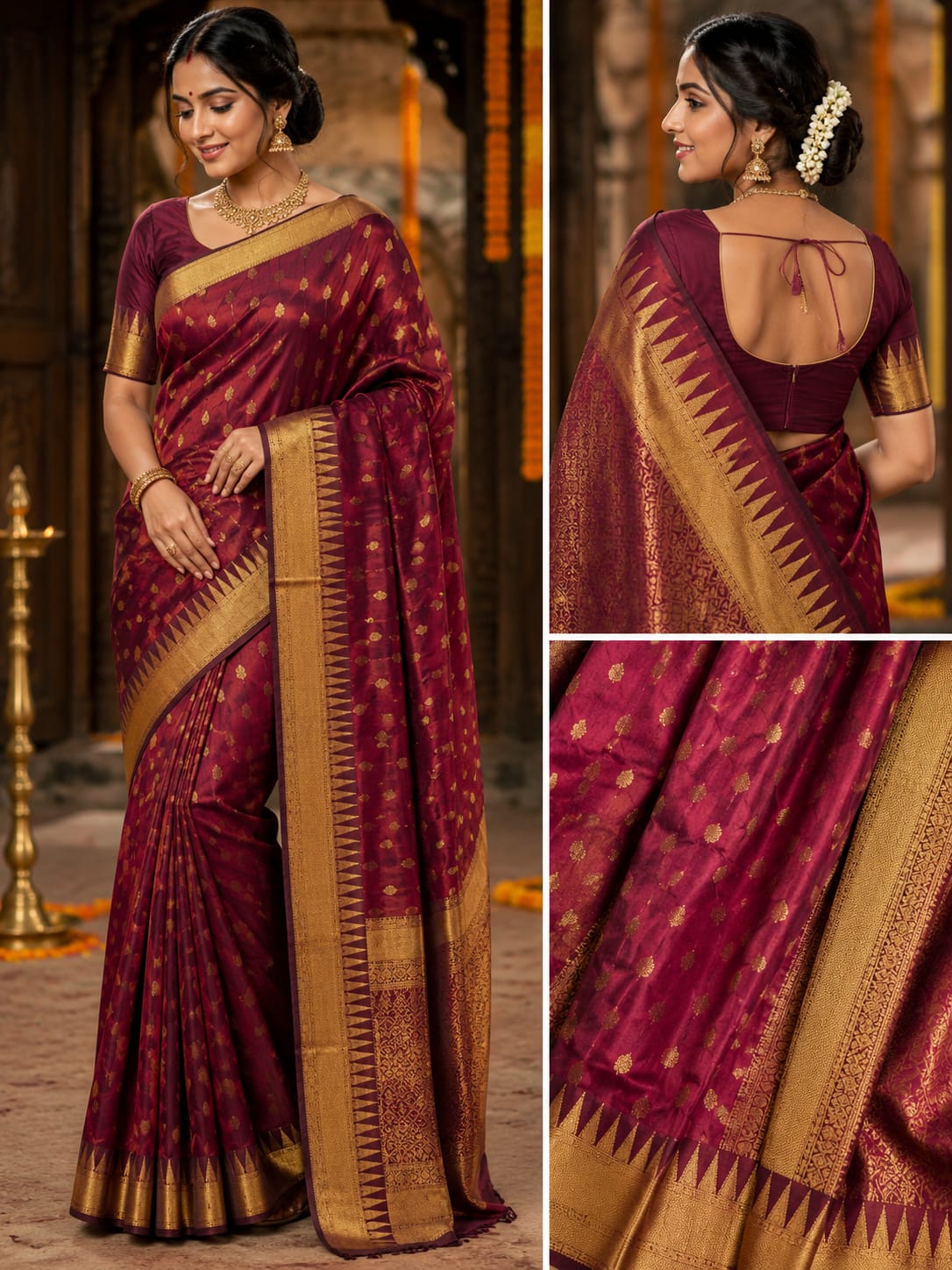 Beautiful woman wearing Maroon Mangalagiri Temple Border Laksha Buti Pattu Saree with traditional South Indian silk weaving.