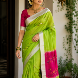 Premium Mangalagiri Handloom brush print Green Pattu Saree